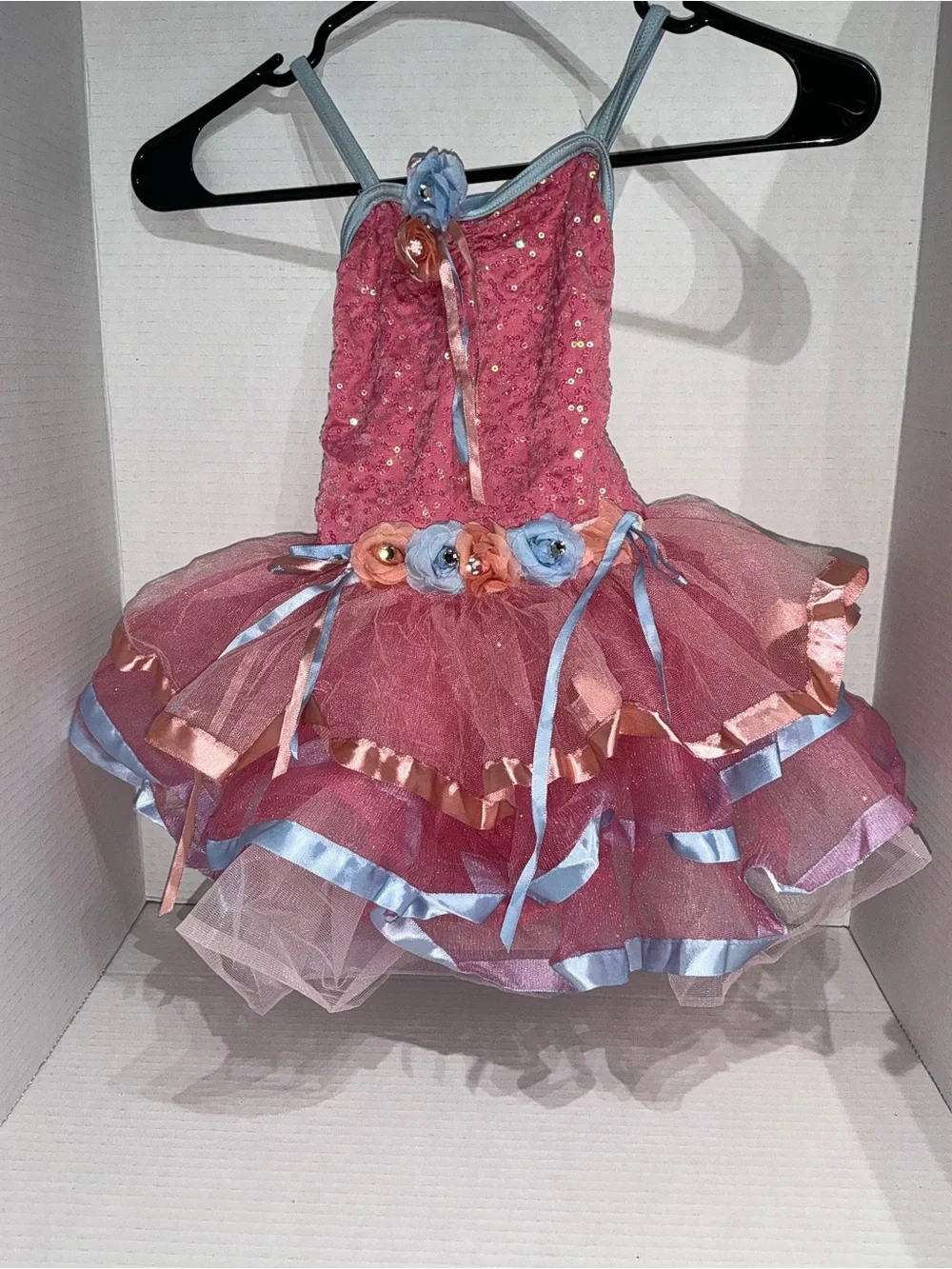 Weissman Pink Tulle Dance Dress with Blue Trim and Floral Accents Child Small